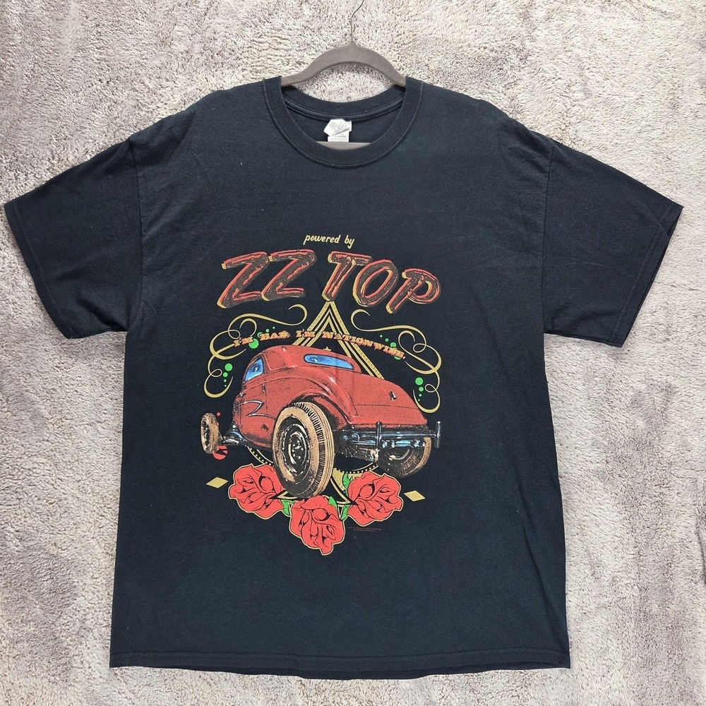 ZZ Top Shirt Mens XL Black 2015 Tour Hot Rod Roses Graphic Band Tee Rock Gildan